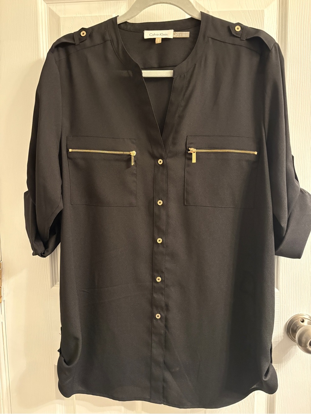 Calvin Klein Black Long-Sleeve Button Tunic with Gold Zipper Pockets #0346